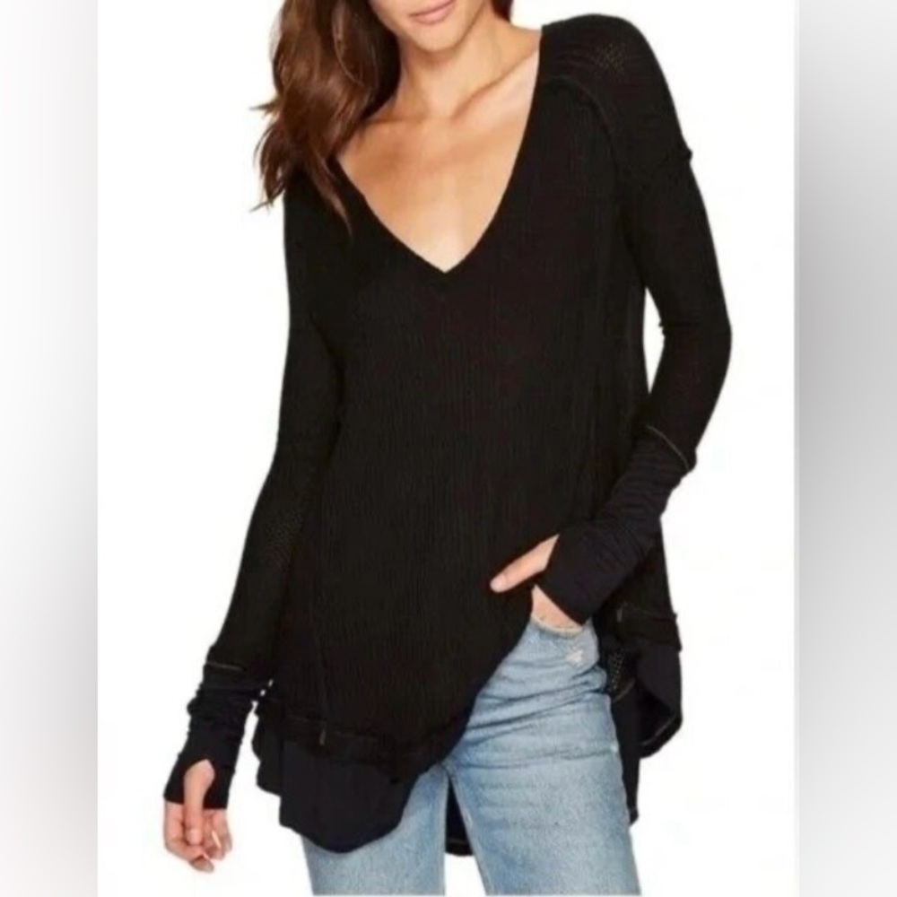 FREE PEOPLE LAGUNA BLACK THERMAL WAFFLE WEAVE V NECK BOHO TUNIC TOP